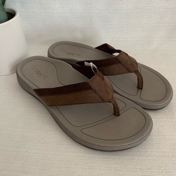 New Vionic Dennis Brown Leather Orthotic Flip Flop Sandals Men’s 8 - Picture 6 of 16
